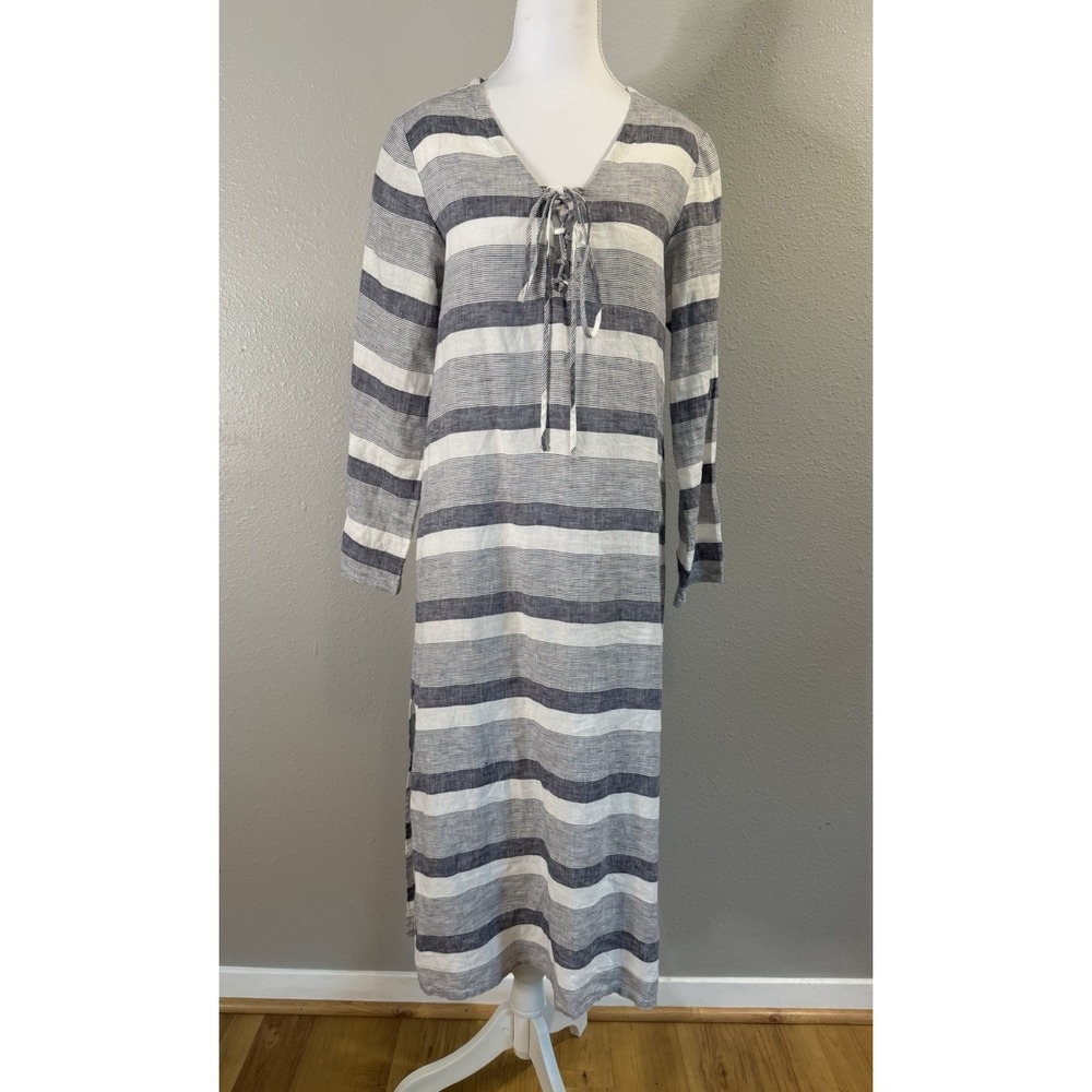 PEPITO'S‎ Positano Italy 100% Linen Striped Lace Up Midi Dress Small Blue White